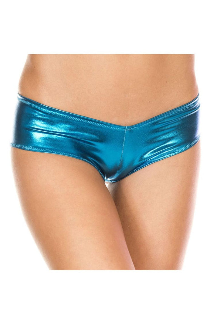 Shop these micro metallic booty shorts in blue