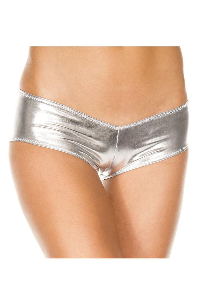 Shop these micro metallic booty shorts in silver