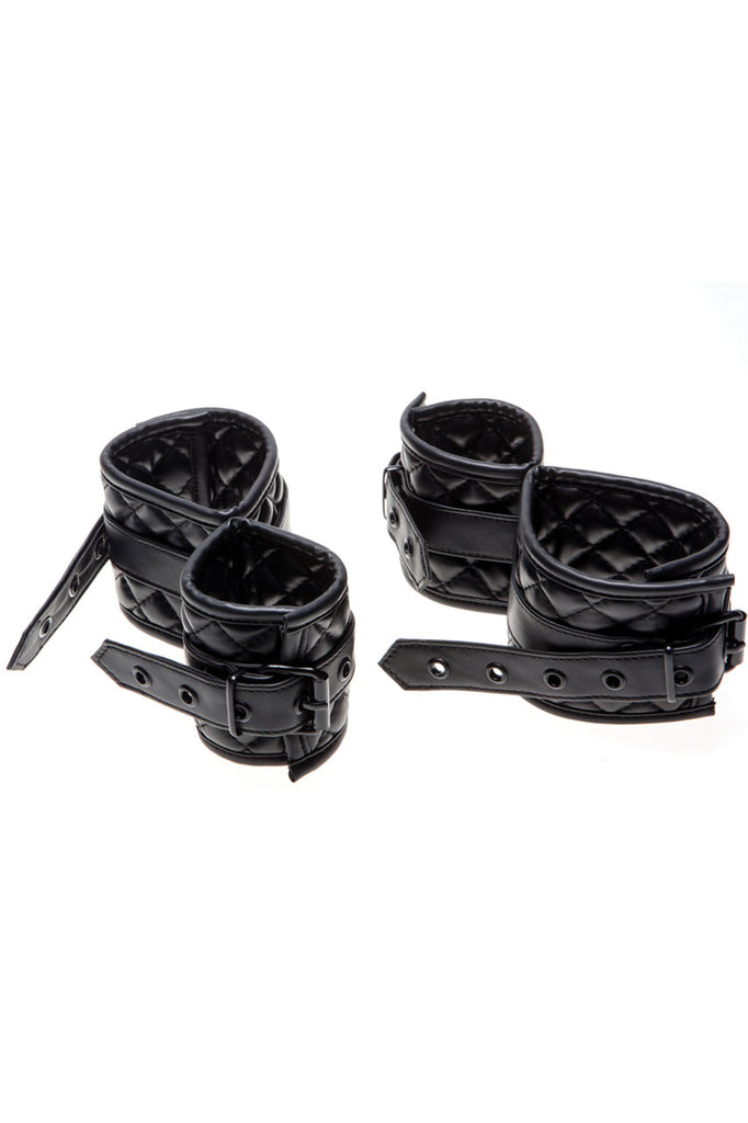 faux leather quilted wrist and ankle restraints, wrist and ankle bondage set
