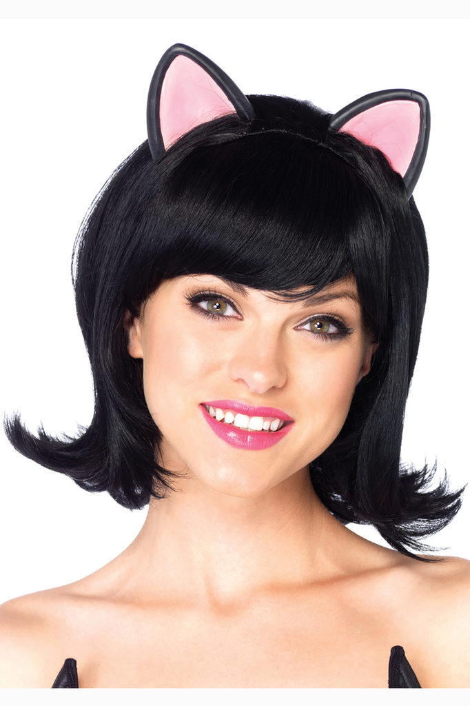Shop this women's Halloween costume accessory featuring a black bob wig with bangs and built in black cat ears