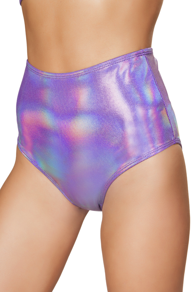 Shop this women's purple shimmer iridescent high waist shorts