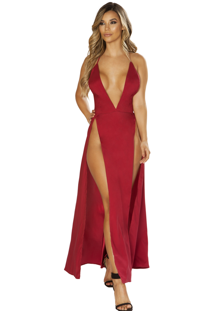 Shop this women's burgundy red sexy red maxi dress with dual high slits and plunging deep V neckline