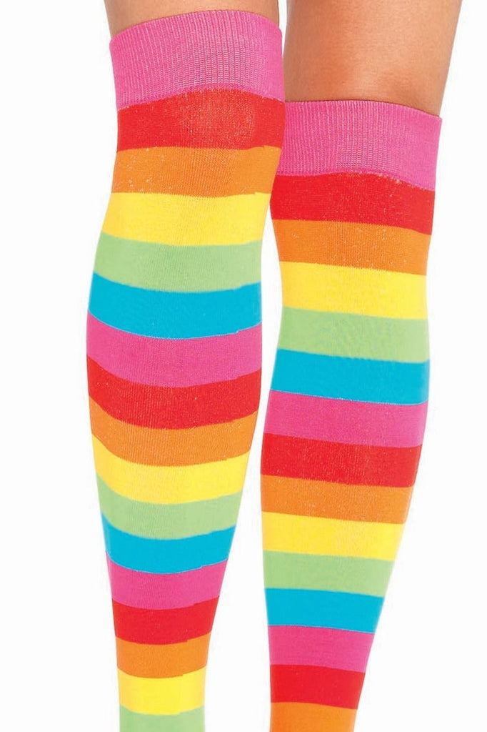 Shop these womens thigh high socks that include rainbow stripes