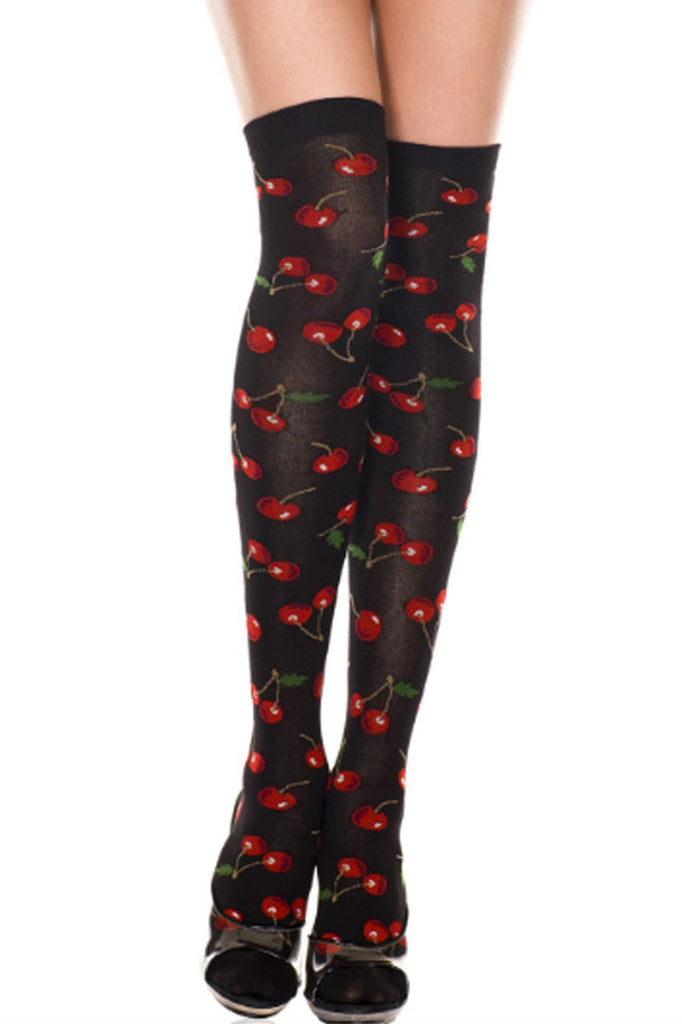 Women's black thigh high stockings with red cherry print.