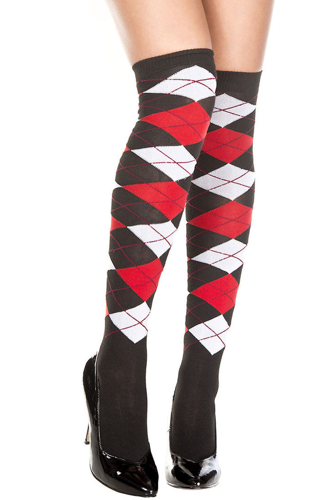 Shop this women's thigh high socks that feature red white argyle pattern.