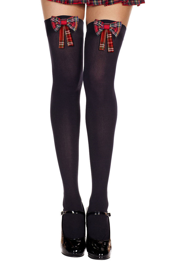 Women's black nylons with red plaid bows.