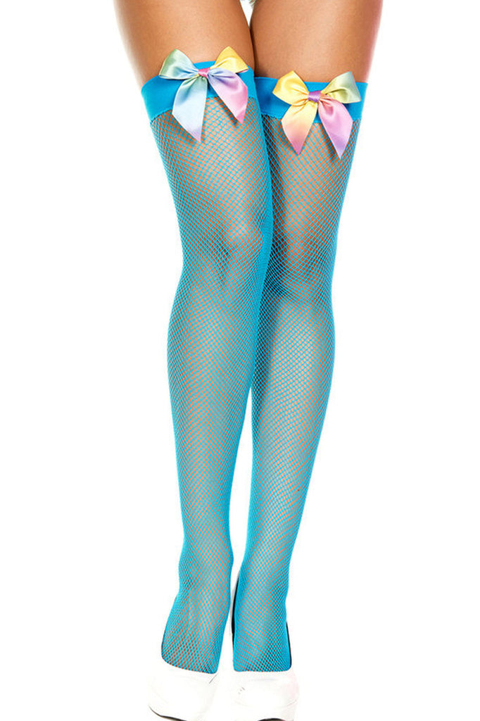 Women's turquoise blue thigh high fishnet stockings with rainbow bows
