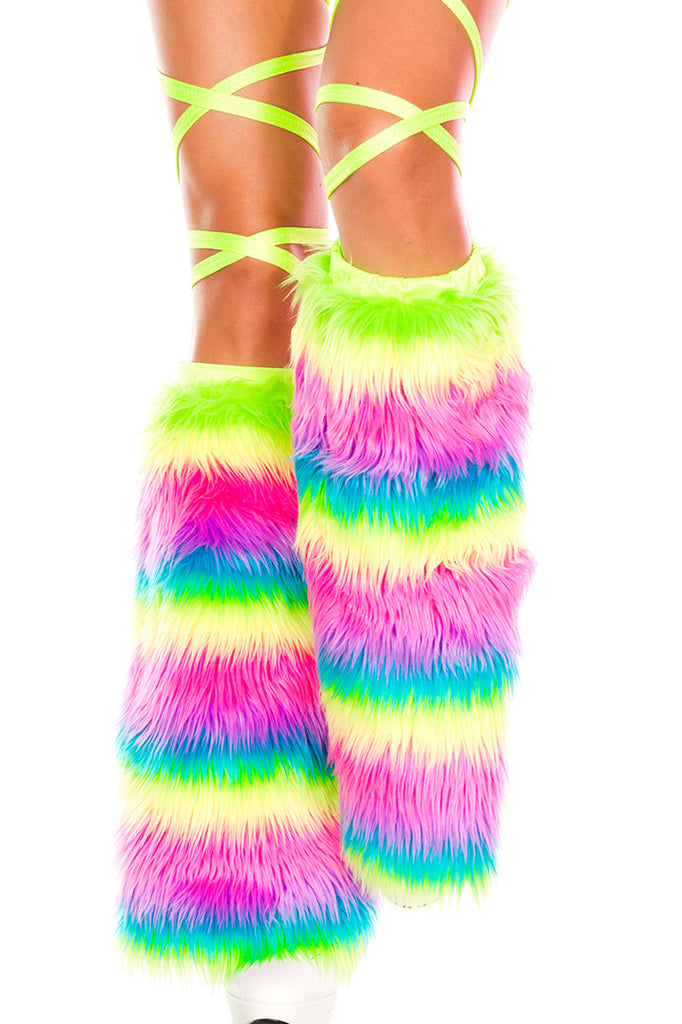 Sexy brightly colored neon rainbow faux fur leg warmers