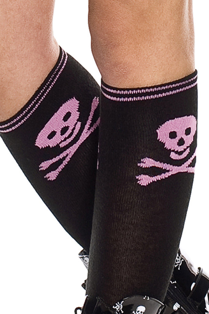 Women's knee high black socks with pink skull and cross bones
