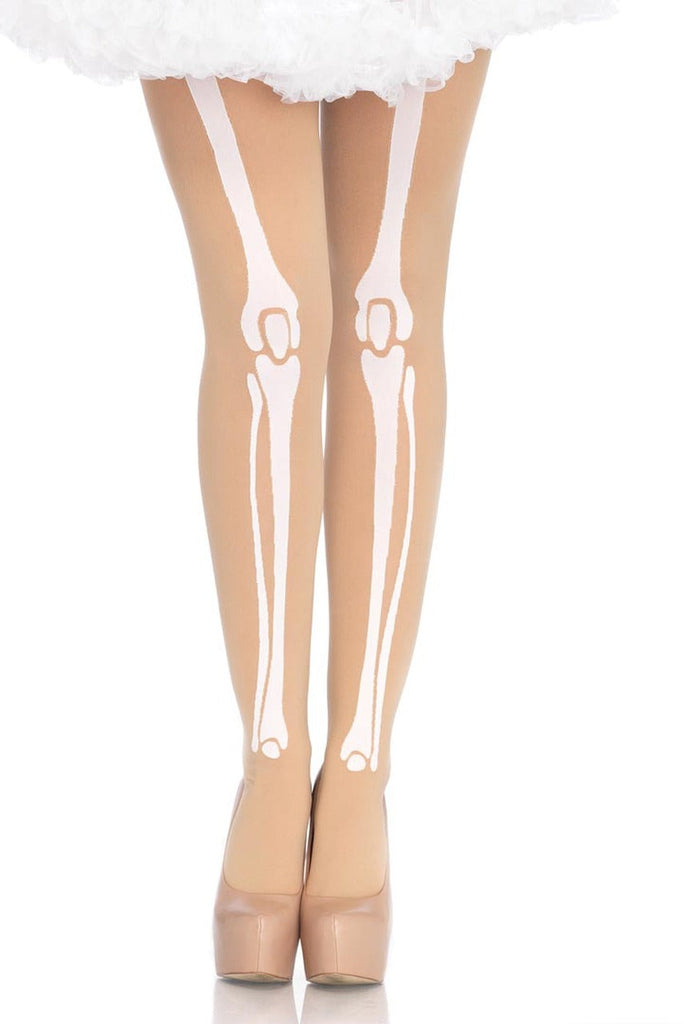 Shop these women's tights with nude opaque nylon and white skeleton print