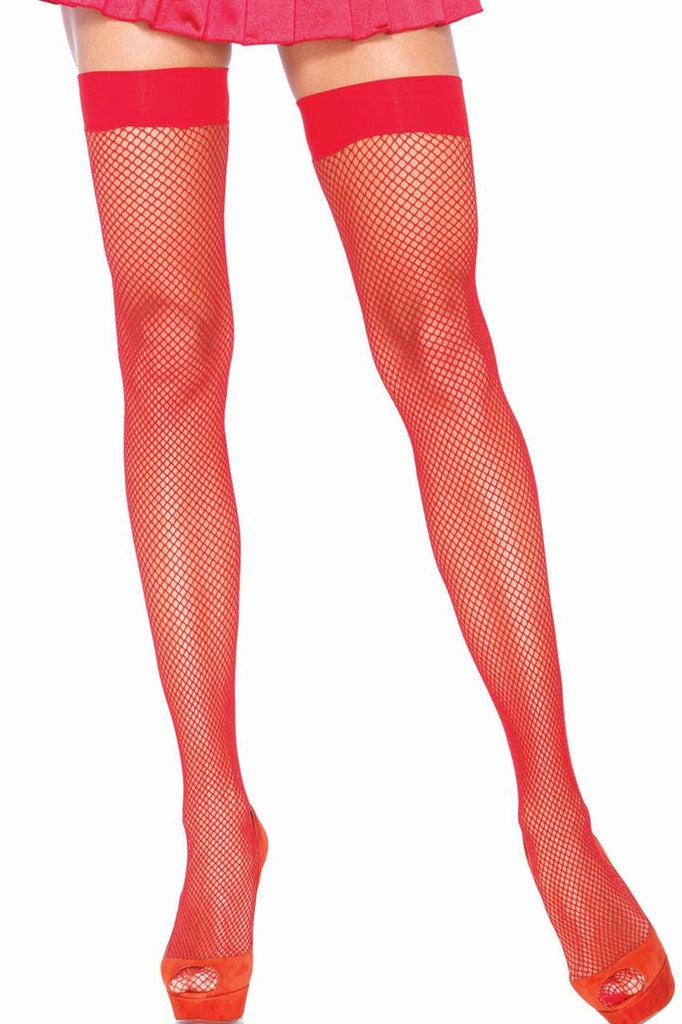 Shop these red fishnet thigh highs with thick banded thighs