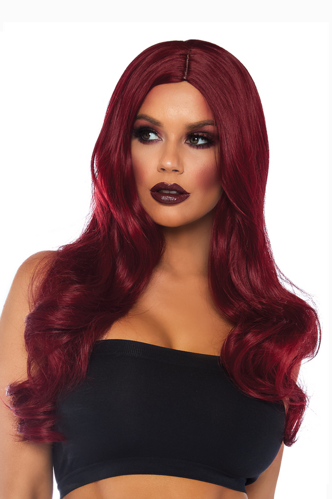 Shop this women's sexy burgundy wig featuring long wavy curls with built in underwig cap featuring Halloween costumes accessories.