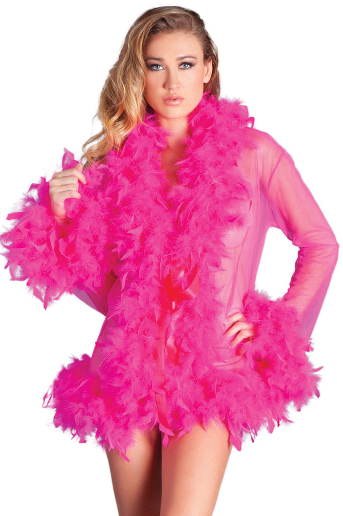 Shop this hot pink sheer robe with feather trim