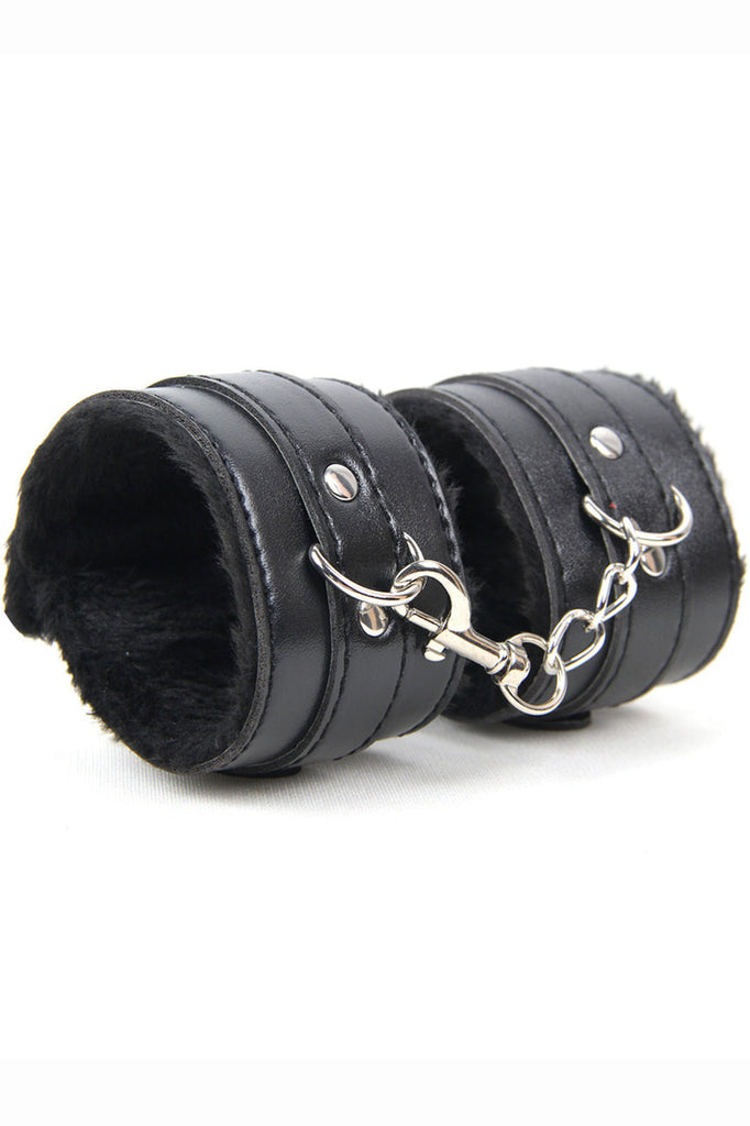 Shop this black leather wrist cuff adult toy that features metal clasps