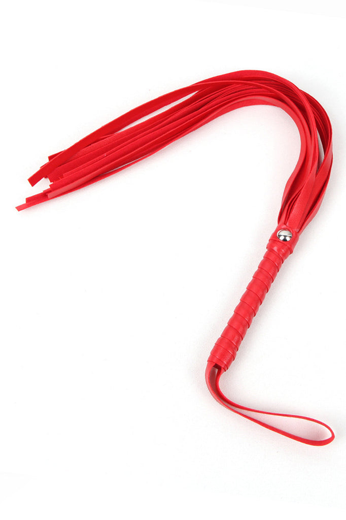 Shop this red leather whip with long leather strips for a flirty dominatrix leather outfit
