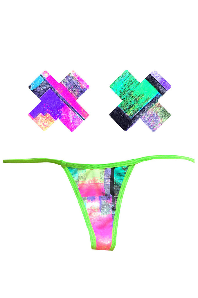 Shop these Neon Tetris Nipple Pasties &amp; G-String Panty that features a black light reactive neon pattern with matching g string panty
