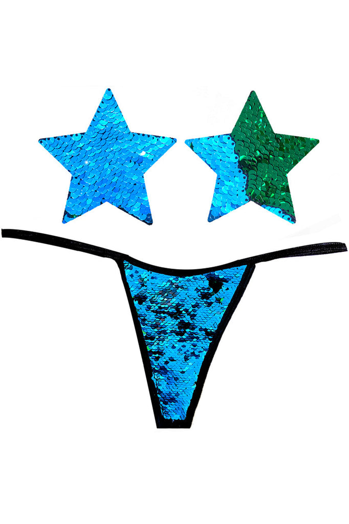 Shop these blue and green sequin Flip Sequin Nipple Pasties & G-String Panty that features a flip sequin nipple pasties and matching flip sequin g string panty
