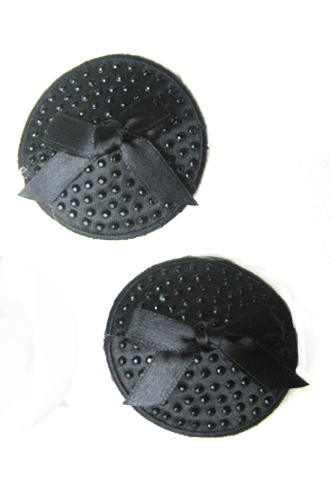 Shop this women's black cone shaped nipple pasties with black rhinestones and black satin bows