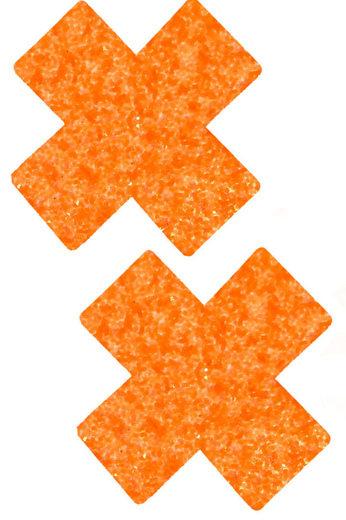 Neon Orange UV Glitter XX Nipple Pasties that feature black light metallic double xx nipple pasties with chunky glitter