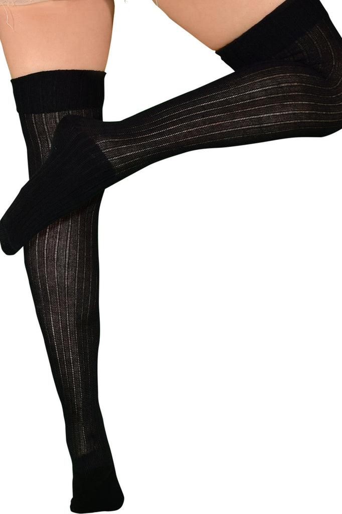 Shop these women's black knit thigh high socks with feet