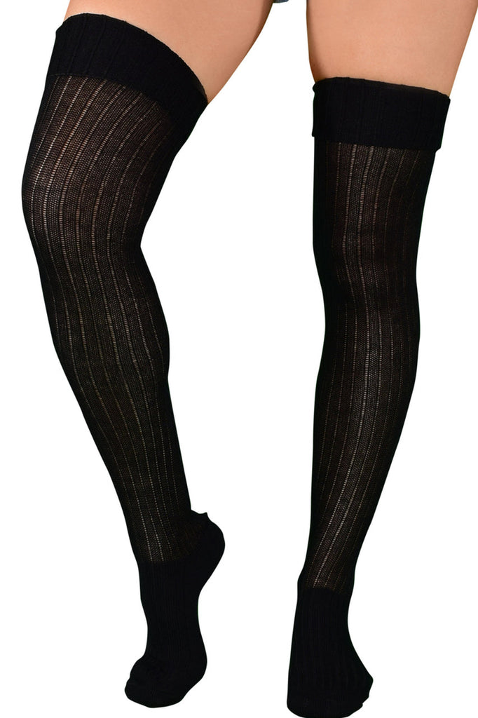 Shop these black knit thigh high socks that feature elastic bands to roll down over the thigh