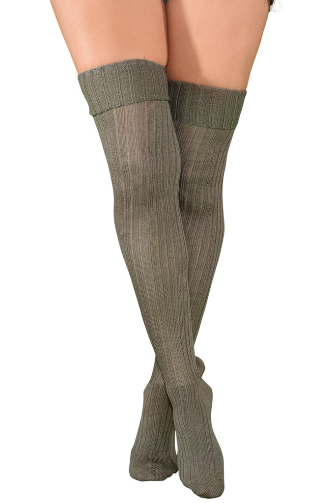 Shop these charcoal grey knit thigh high socks that feature elastic bands to roll down over the thigh