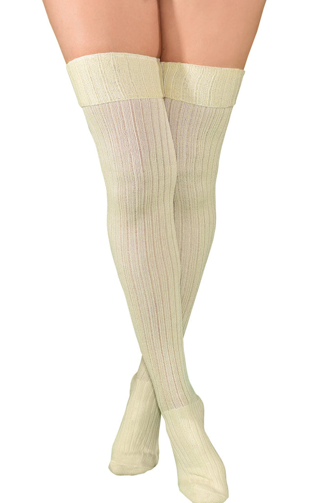 Shop these ivory knit thigh high socks that feature elastic bands to roll down over the thigh