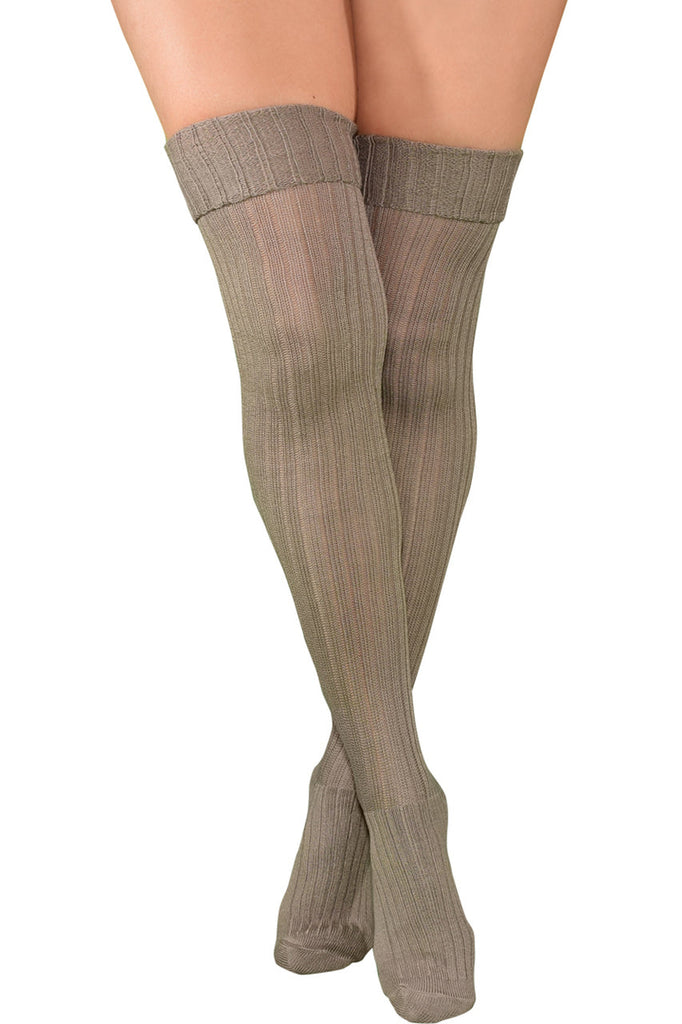 Shop these mocha knit thigh high socks that feature elastic bands to roll down over the thigh