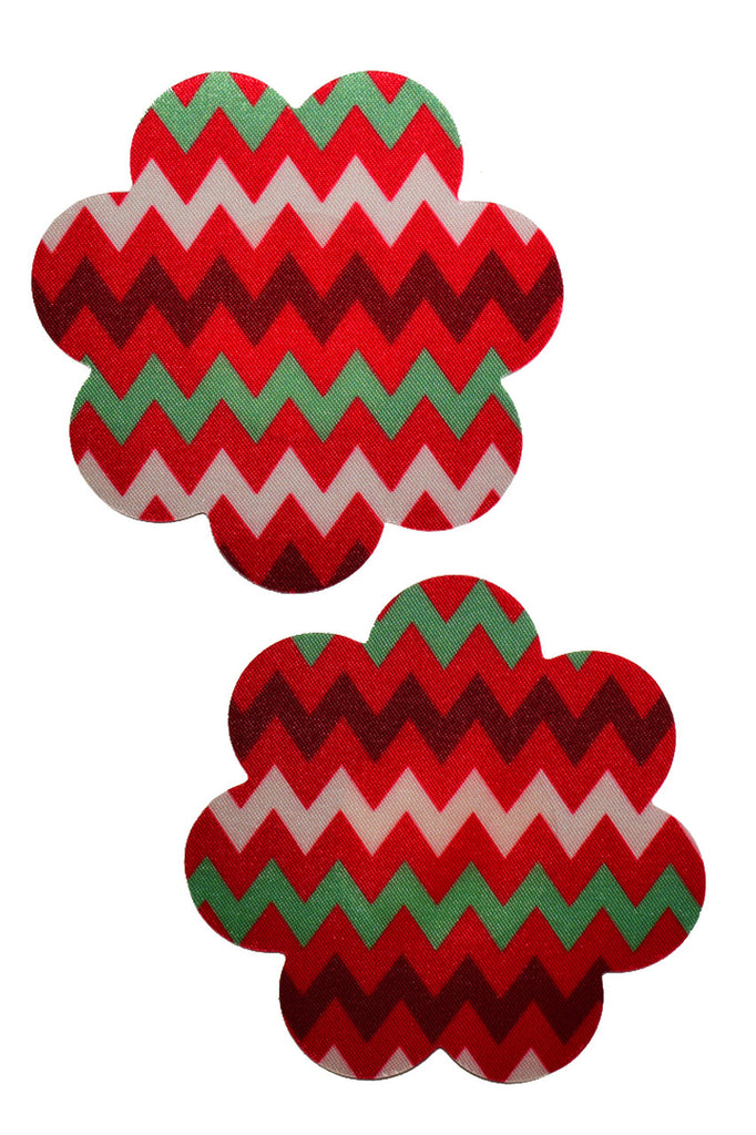 Red petal nipple pasties with white and green zig zag stripes