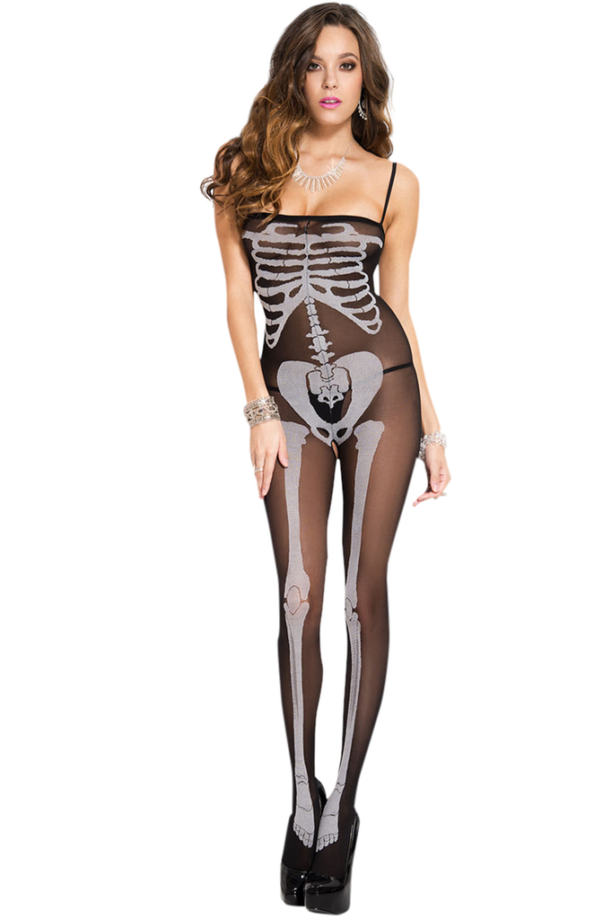 Shop women's sexy black opaque body stocking lingerie with skeleton print