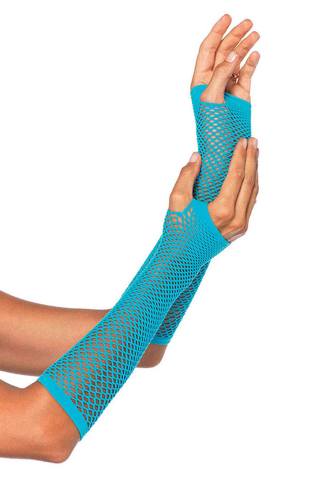 neon blue fishnet gloves