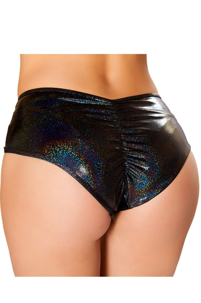 Back image of metallic black mid-rise shorts with cutout and ring accent details for rave or festival wear