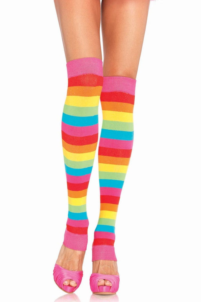Shop these rainbow striped thigh high socks that fit just above the knee