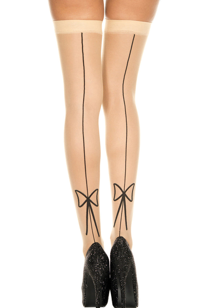 Shop these women's beige sheer thigh highs with black backseams and bows