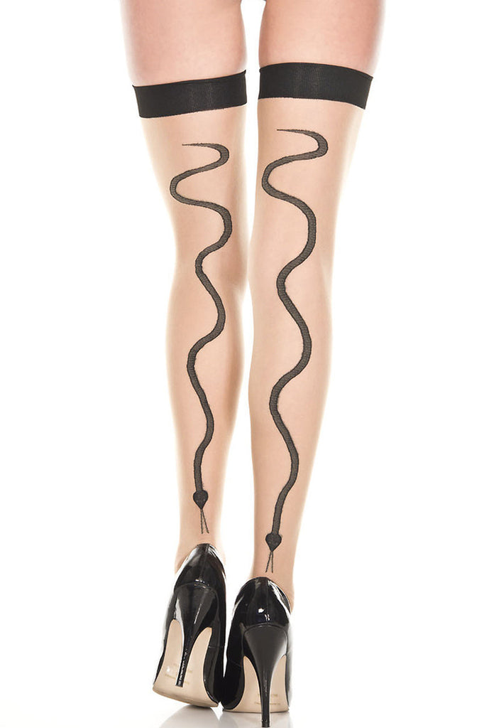 Shop these snake print leggings that feature beige thigh highs with snake print back
