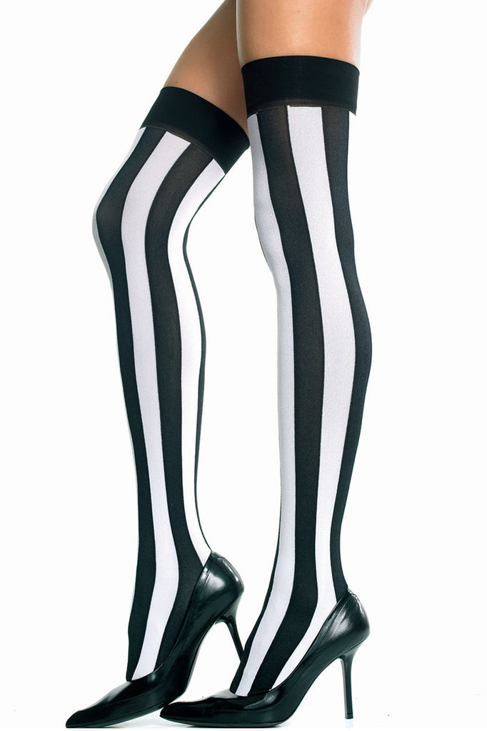 Shop these black and white vertical striped thigh high stockings