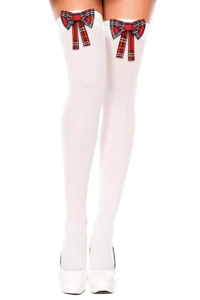 Shop these white thigh highs with red plaid bows