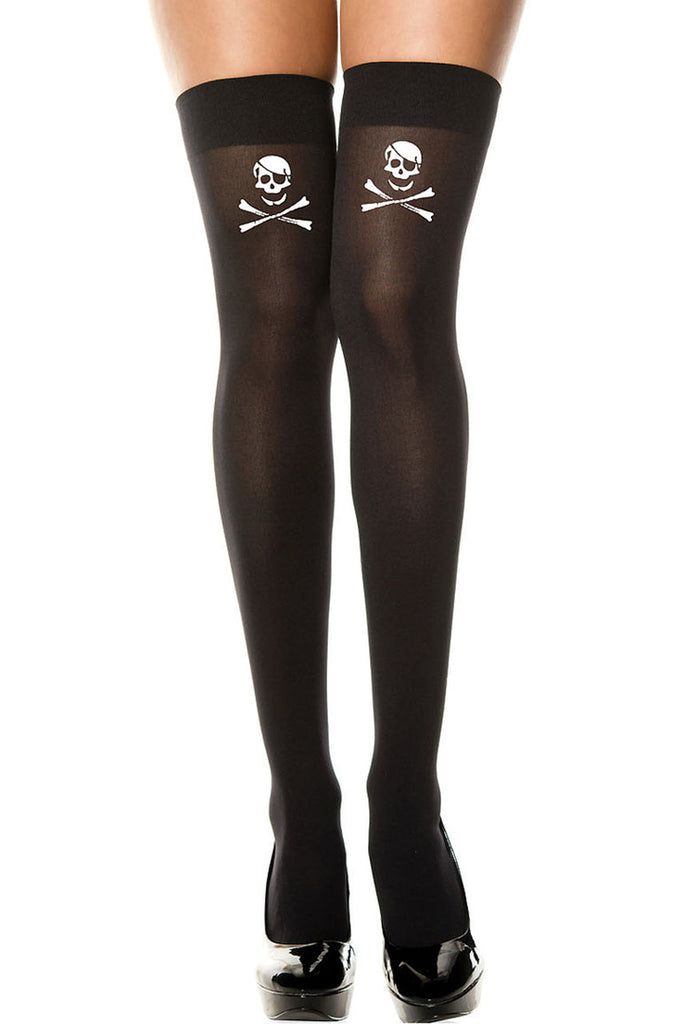 Women's black opaque thigh hi stockings with skull and crossbones print