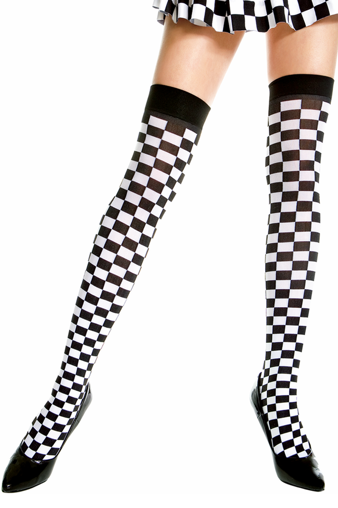 Shop these women's black and white checkered thigh high nylon stockings