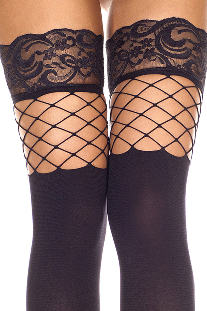 Women's black thigh high stockings with black fishnet tops