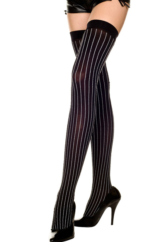 Shop women's black with white pin striped opaque thigh high stockings.
