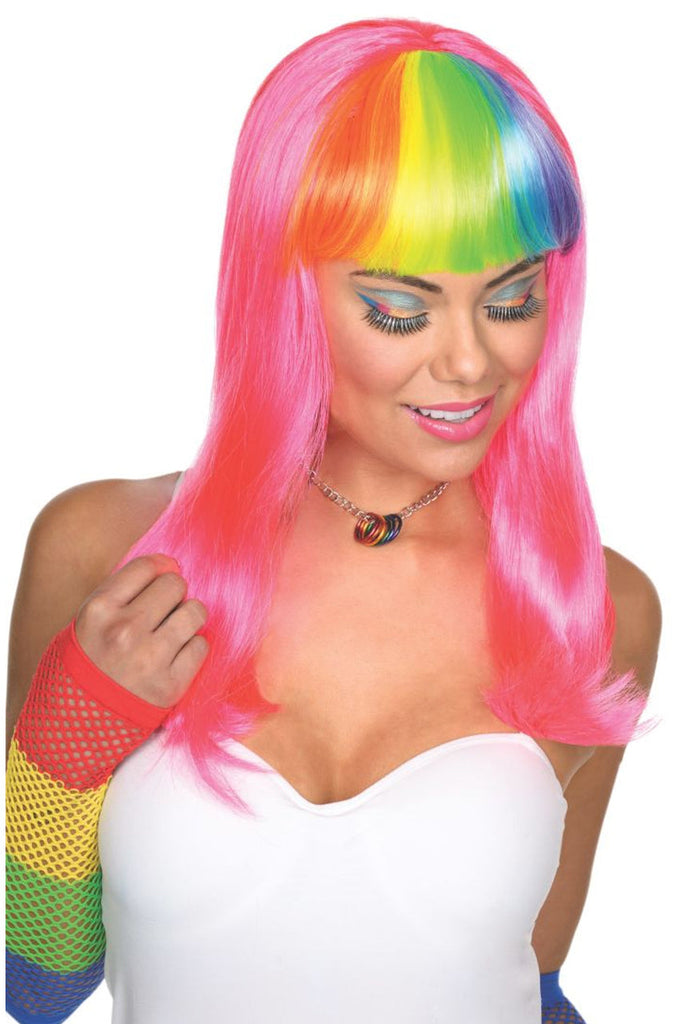 Rainbow wig, pink wig with rainbow bangs