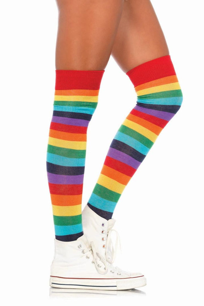 Shop these thigh high socks that include rainbow stripes