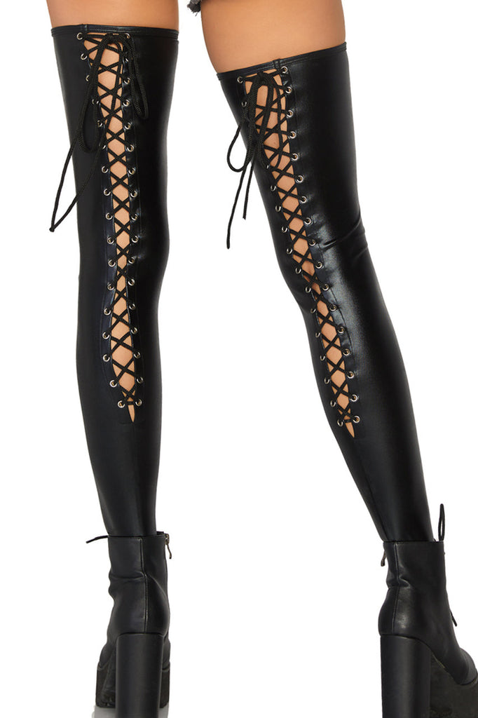Shop these leather thigh highs with lace up backs