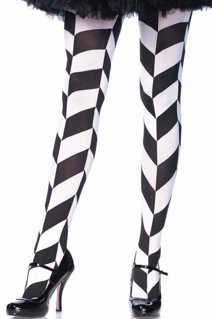 Shop this women's black and white chevron pattern women's tights for a Jester or Harley Quinn costume