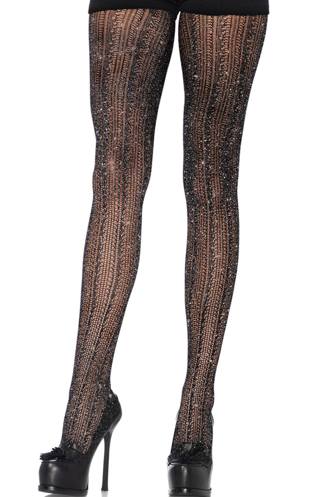 Shop this women's black gold crochet tights that feature black gold metallic shimmer