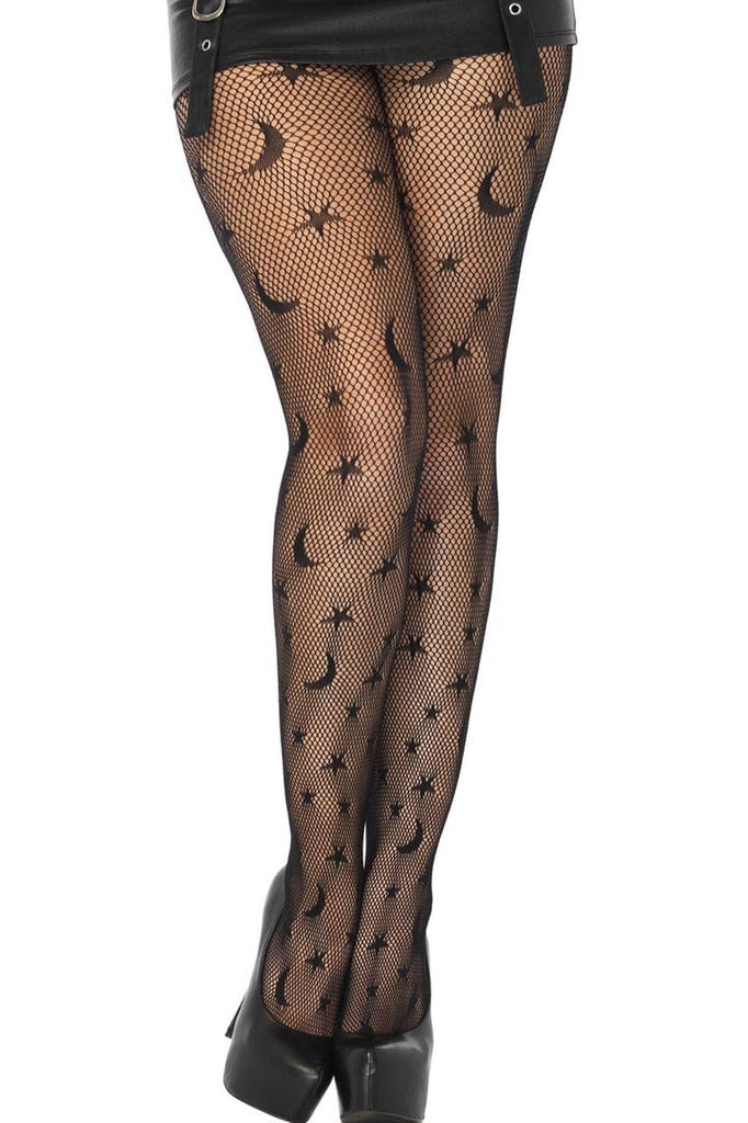 Shop these black net tights with celestial pattern for a sexy witch costume accessory