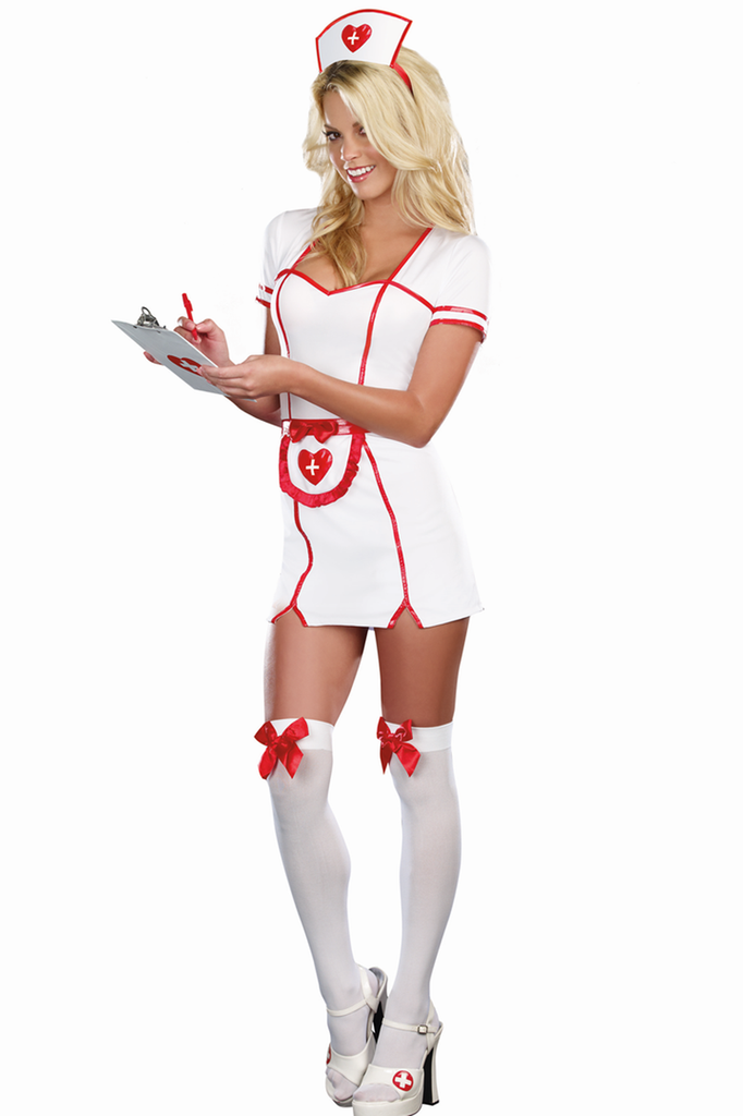 Shop this women's naughty nurse outfit featuring a white mini dress with red piping