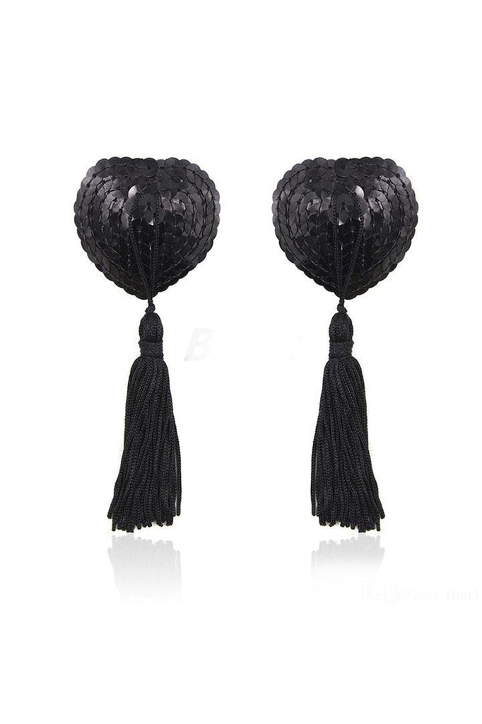 Shop these black sequin tassel nipple pasties with heart shaped cone nipple pasties