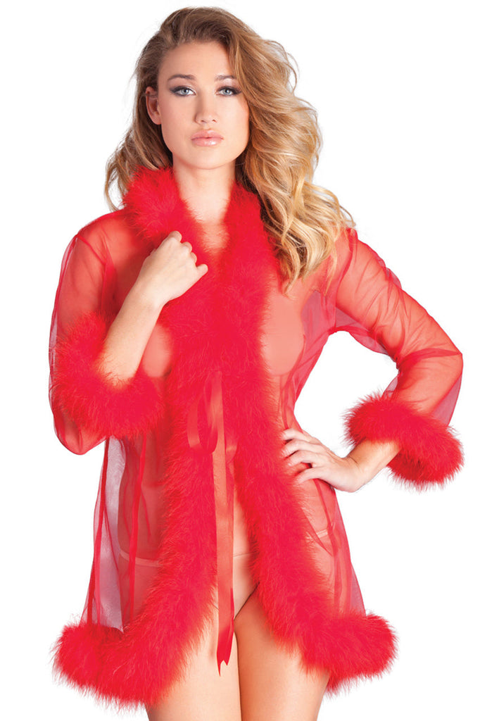 Shop this see through robe with sheer red mesh and red marabou feathers